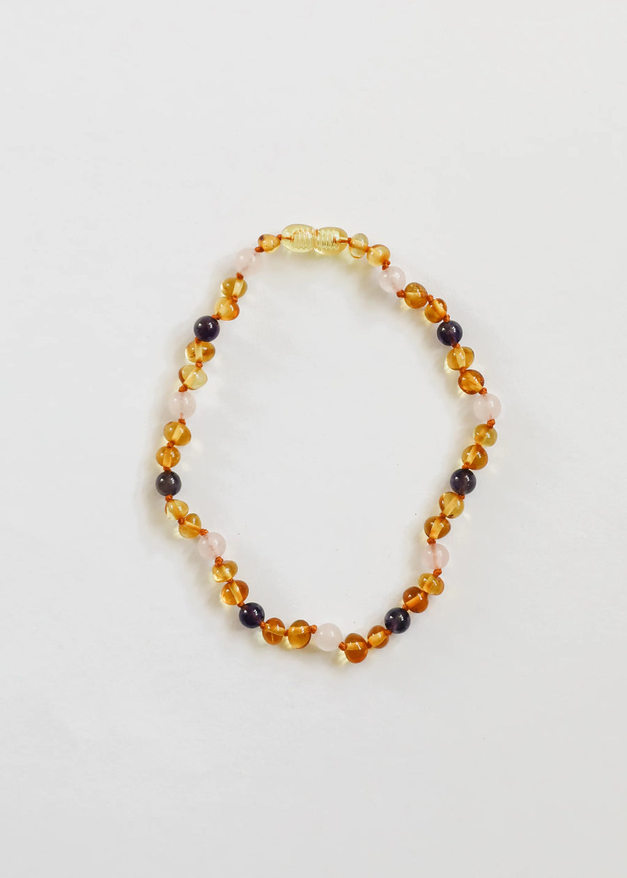 Polished Honey Baltic Amber + Amethyst + Rose Quartz Halo Necklace