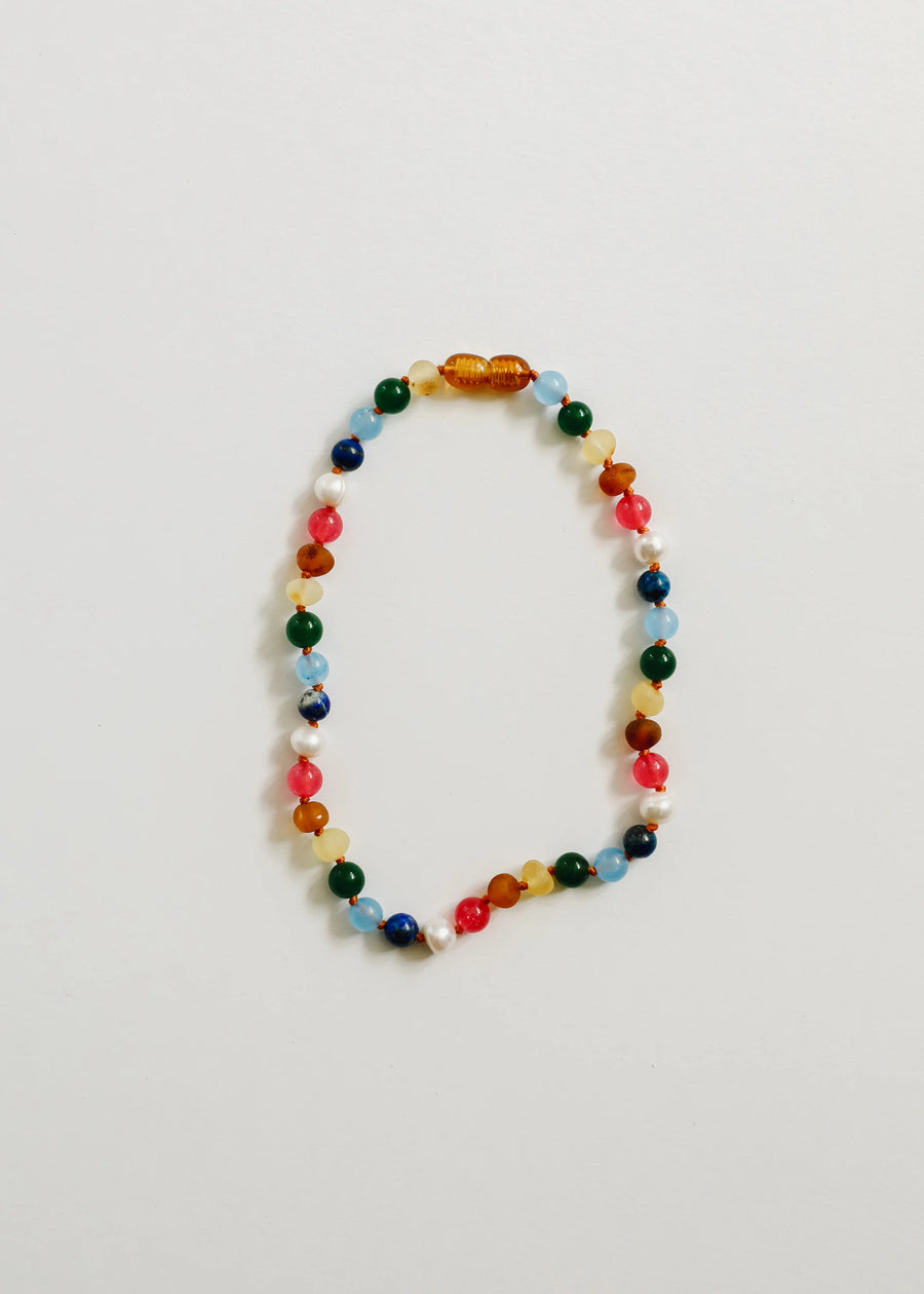 Raw Baltic Amber + Pearl + Bright Pink Gemstones Necklace