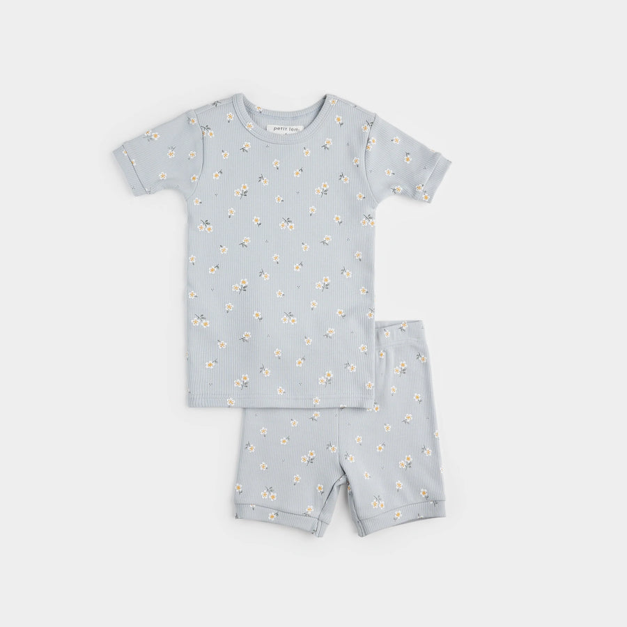 Short Sleeve Ribbed Blue Daisy Pajama Set