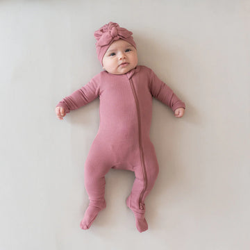 Dusty Rose Bamboo Ribbed Zipper Footie