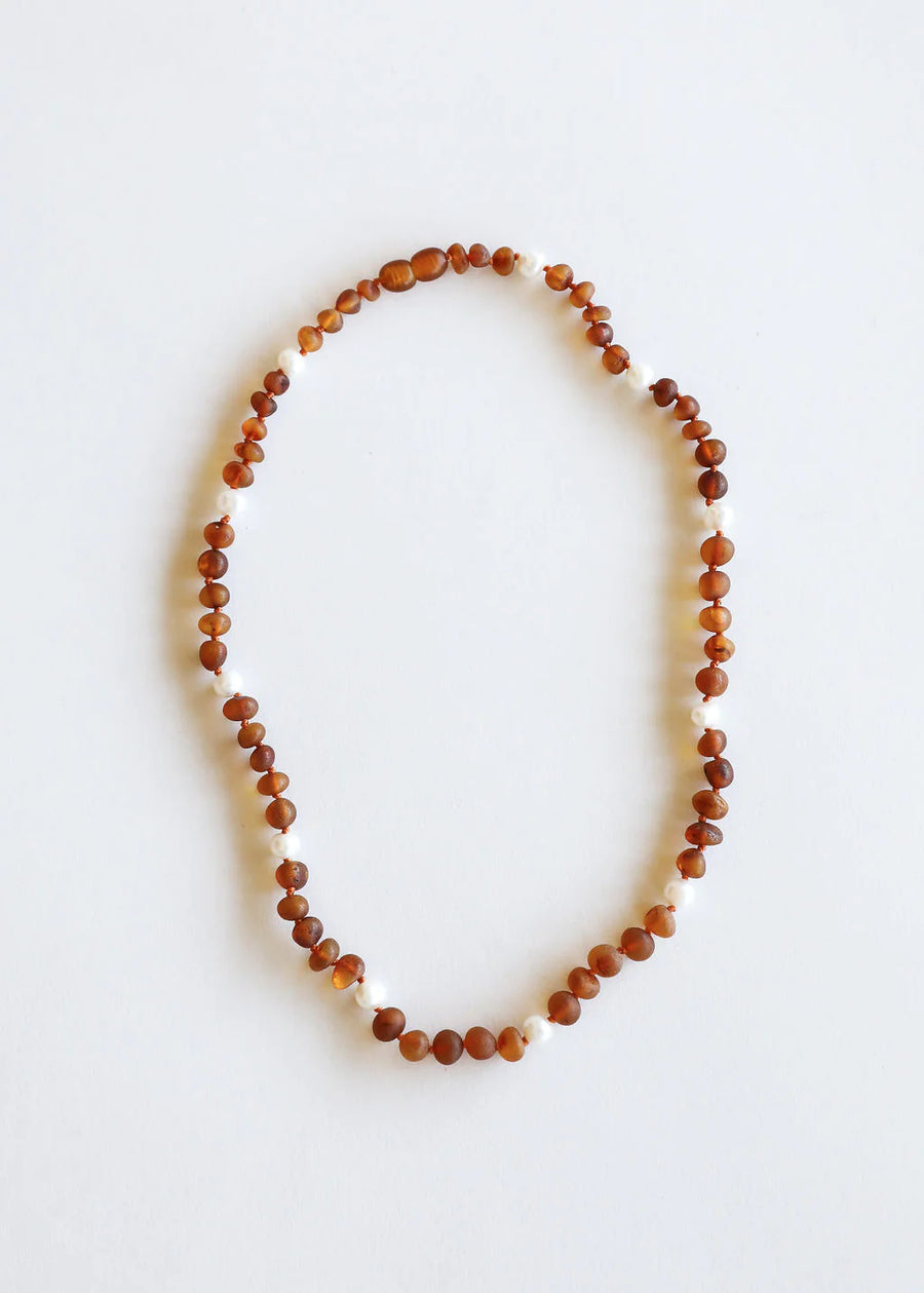 Raw Cognac Amber + Halo Pearls Necklace