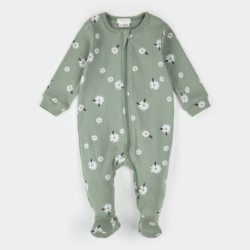 Green Daisy Ribbed Zipper Footie