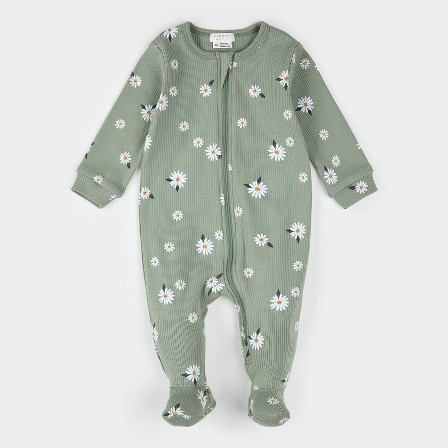 Green Daisy Ribbed Zipper Footie