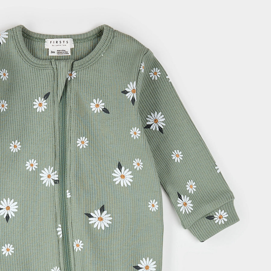 Green Daisy Ribbed Zipper Footie