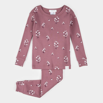 White Flowers Ribbed Pajama Set