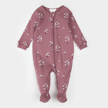 White Flowers Ribbed Zipper Footie