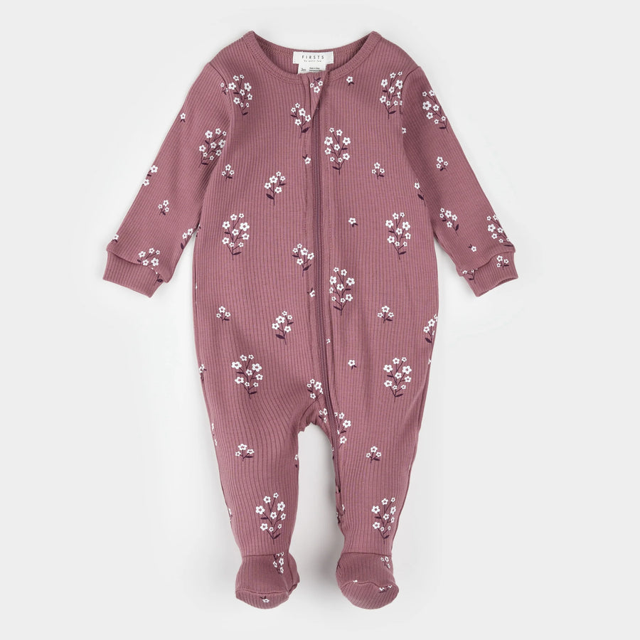 White Flowers Ribbed Zipper Footie
