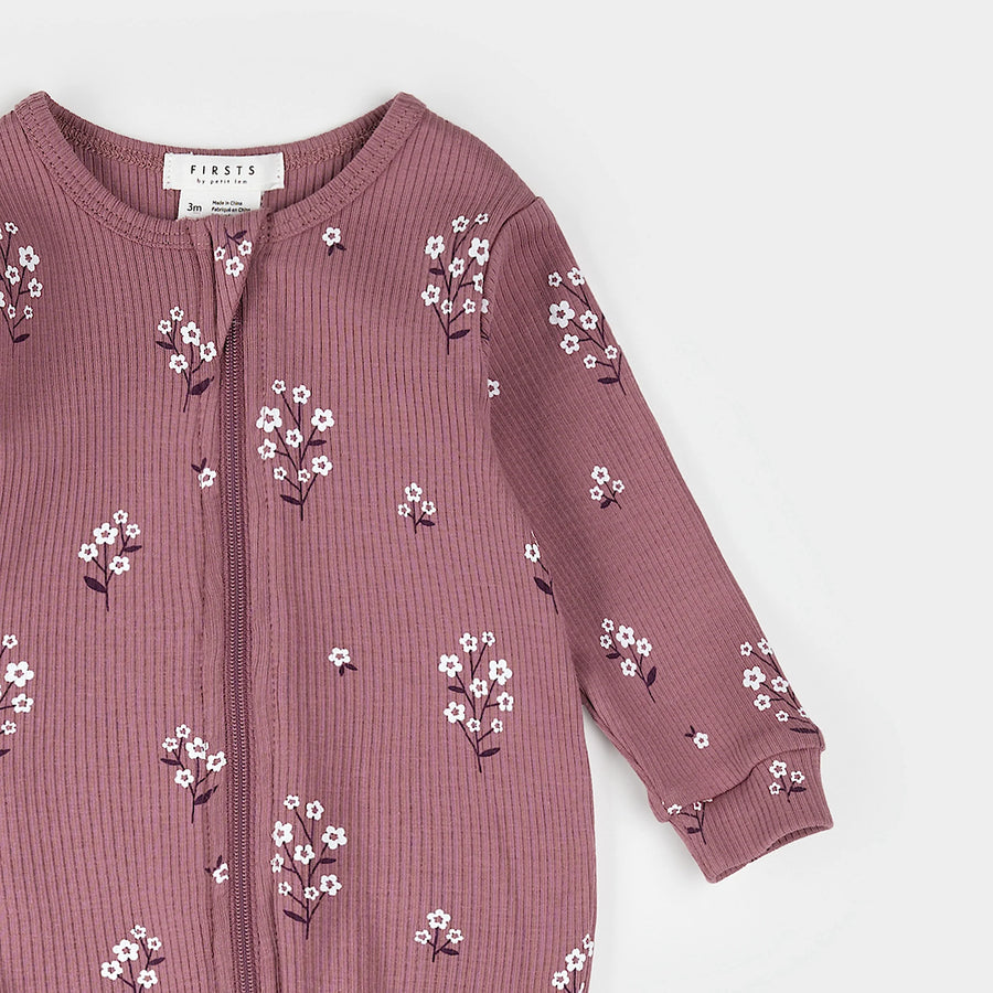 White Flowers Ribbed Zipper Footie