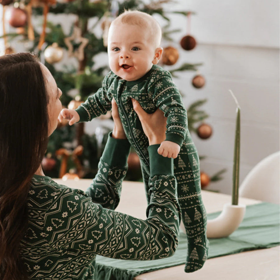 Fair Isle Holiday Trees Zipper Footie