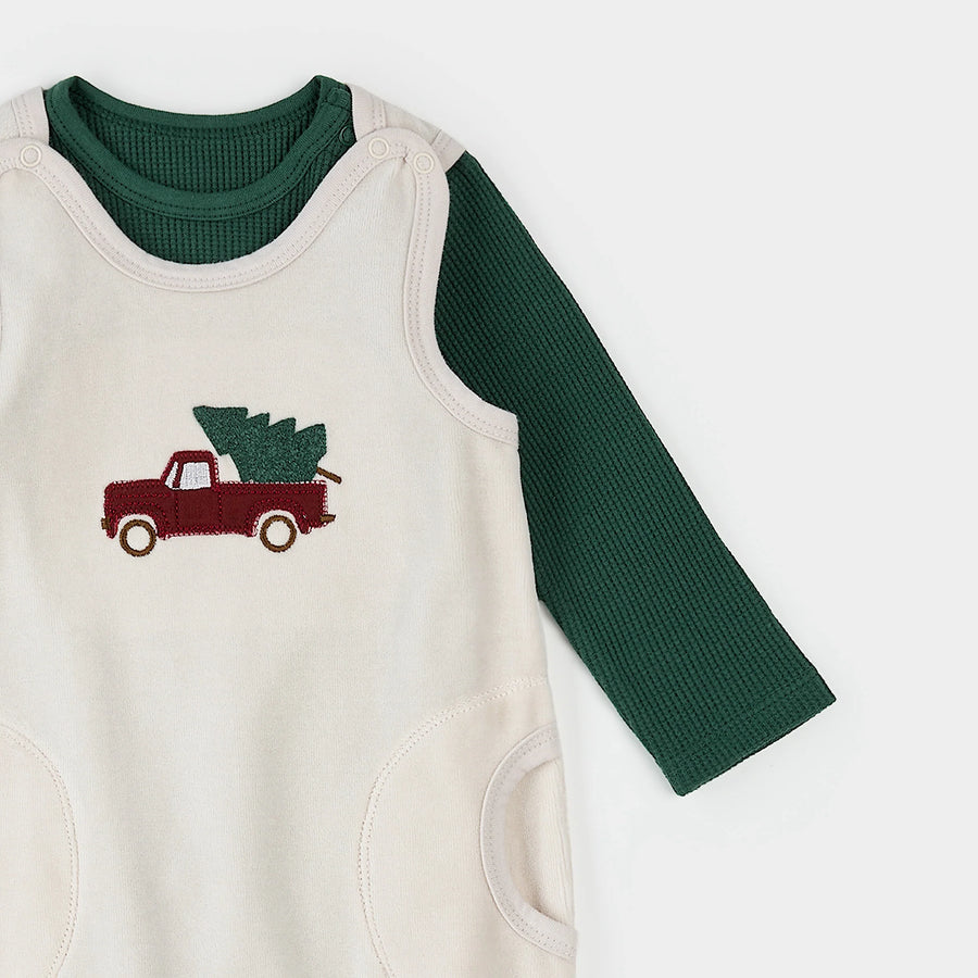 Dark Green Striped Thermal Overall Set