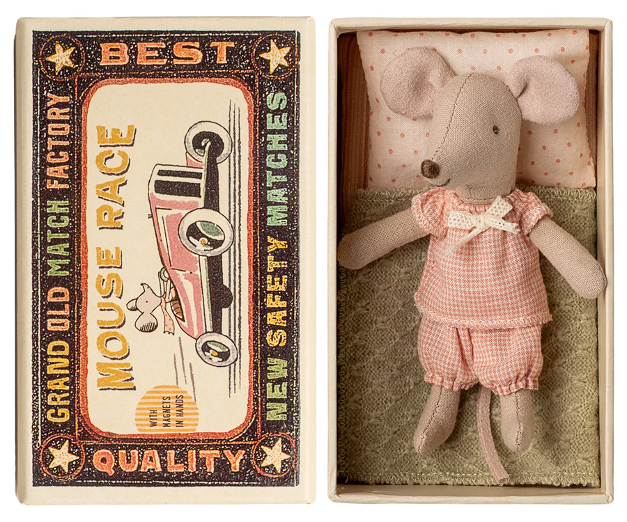 Little Sister Gingham Mouse in Matchbox