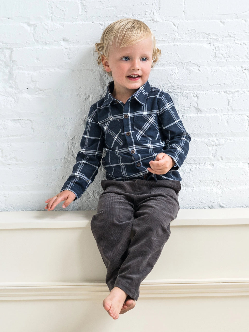 Navy Plaid Flannel Long Sleeve Collared Shirt