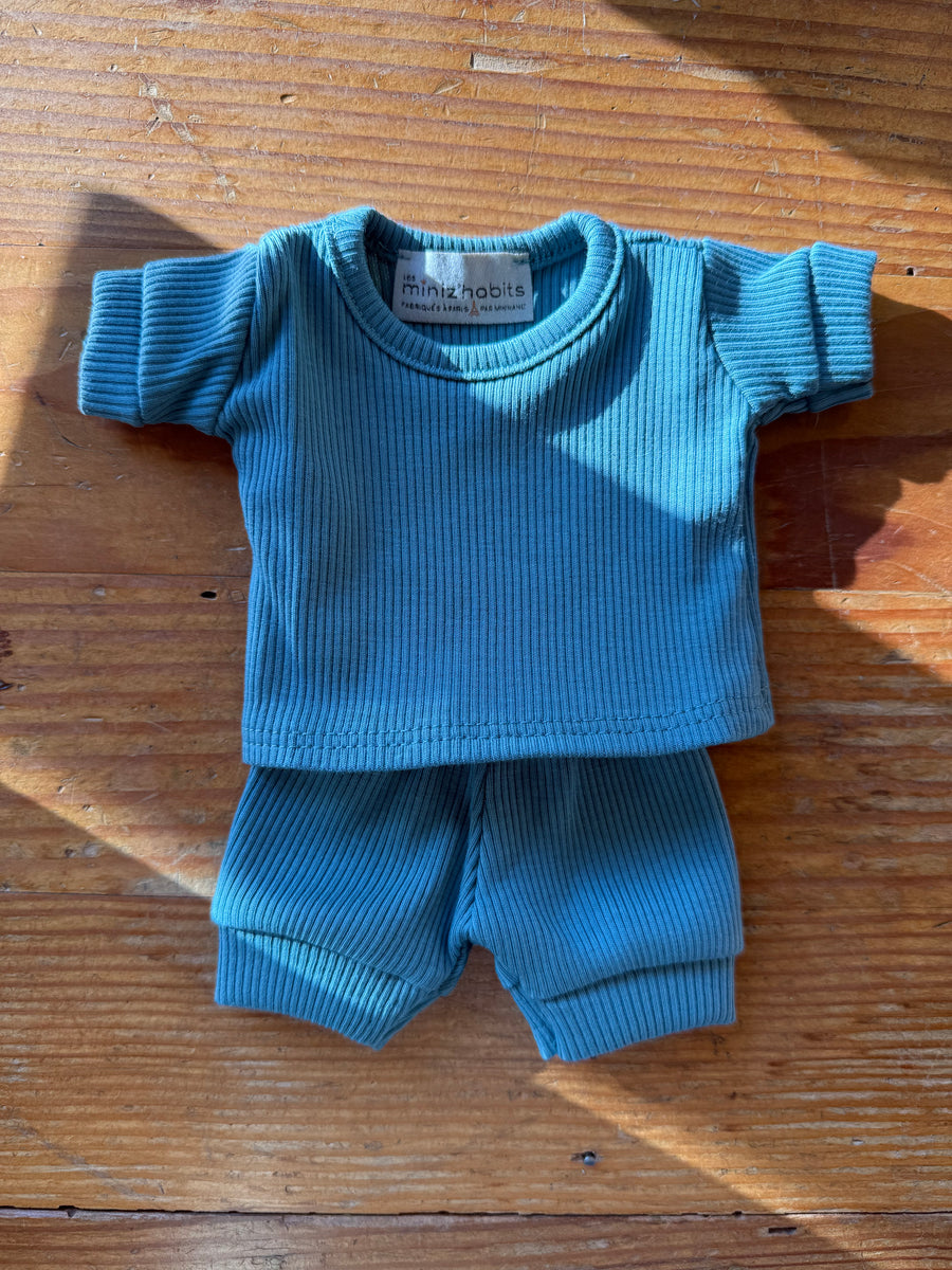 Blue Ribbed 28cm Doll Short Set