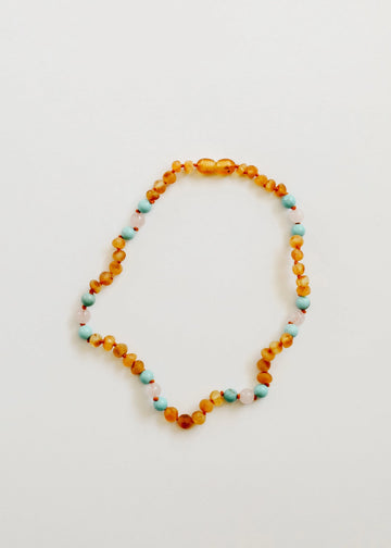 Raw Honey Baltic Amber and Natural Turquoise + Rose Quartz Necklace