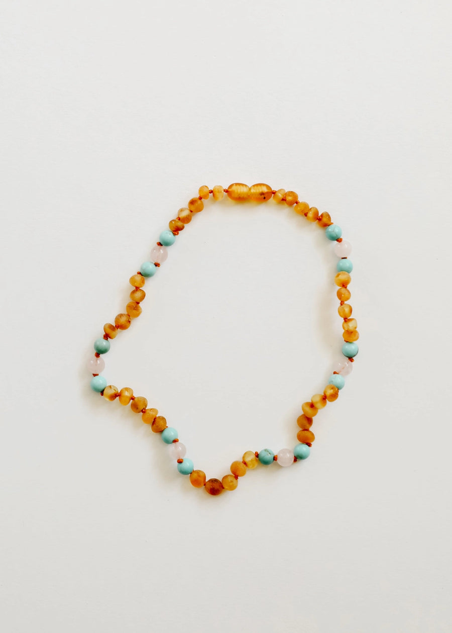 Raw Honey Baltic Amber and Natural Turquoise + Rose Quartz Necklace