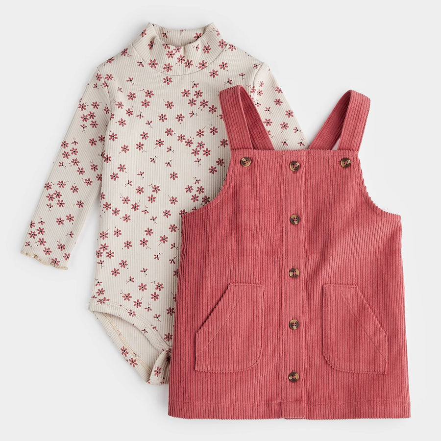 Raspberry Corduroy Overall Dress Set