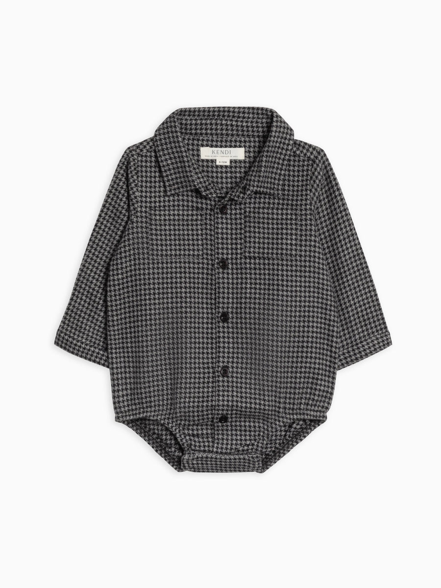 Houndstooth Organic Cotton Flannel Collared Button Down Bodysuit