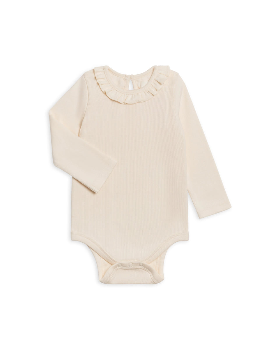 Ivory Organic Cotton Ribbed Ruffle Neck Bodysuit