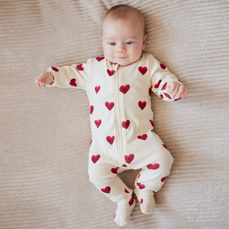 Heart Print Ribbed Zipper Footie