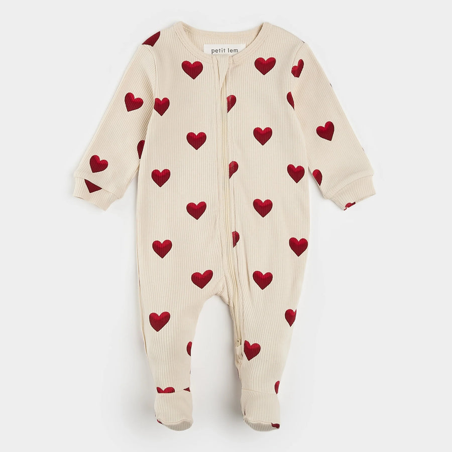 Heart Print Ribbed Zipper Footie