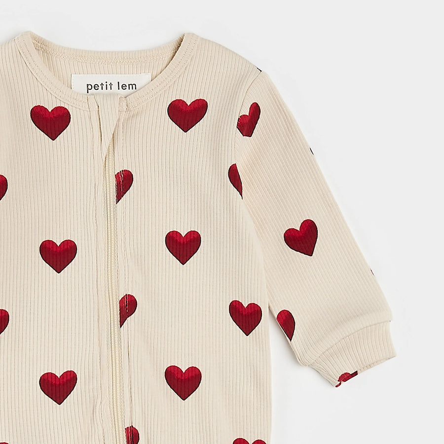 Heart Print Ribbed Zipper Footie