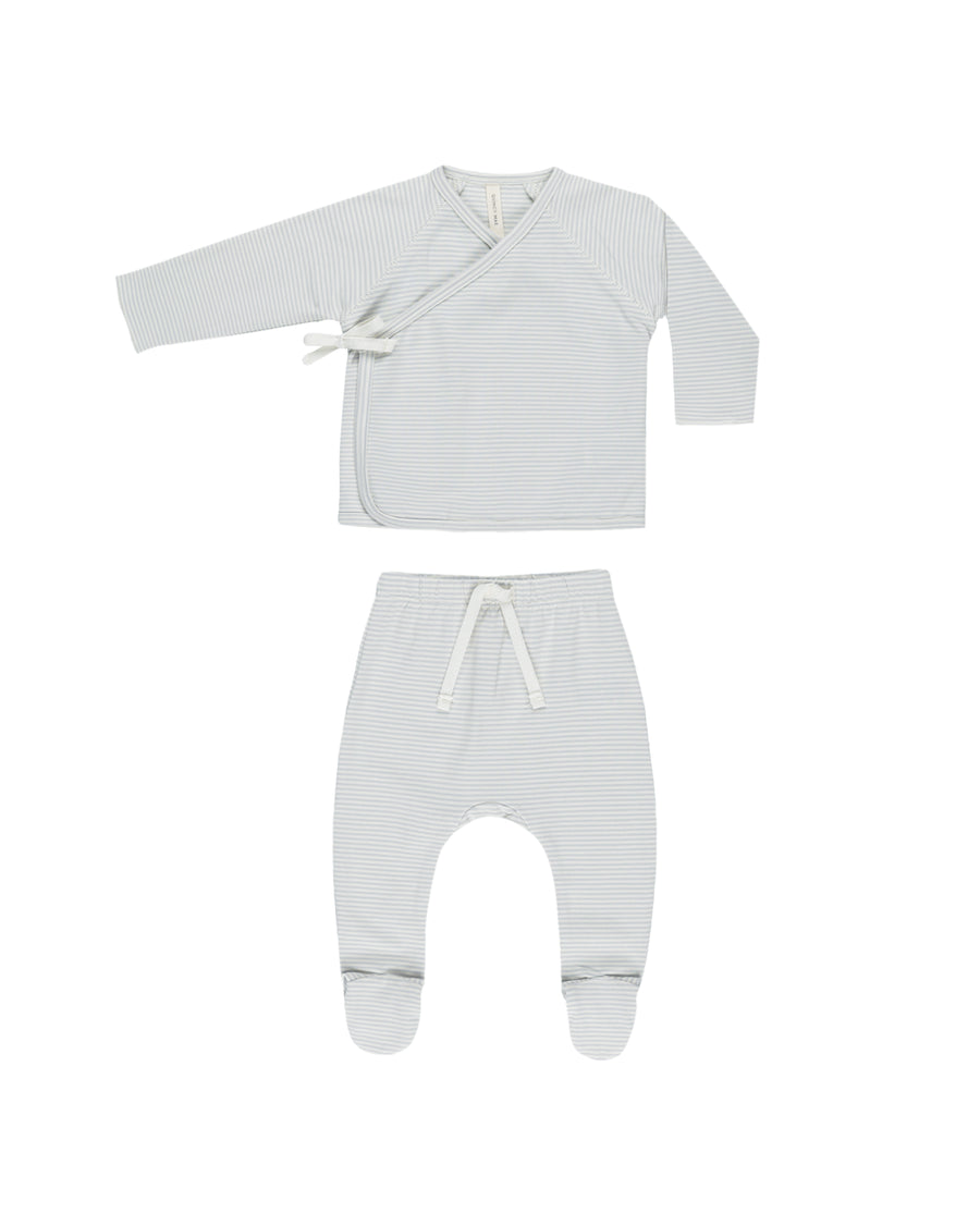 Sky Micro Stripe Wrap Top + Footed Pant Set