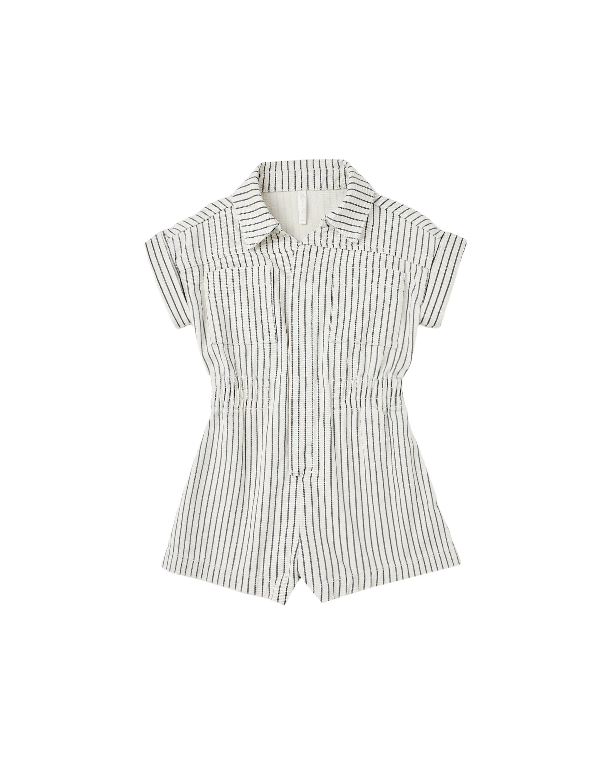 Navy Pinstripe Utility Romper
