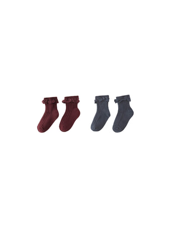 Lace Trim Burgundy & Navy Sock Set