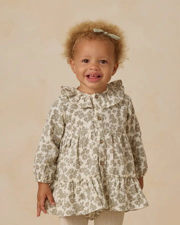 Green Floral Ruffle Collar Button Dress