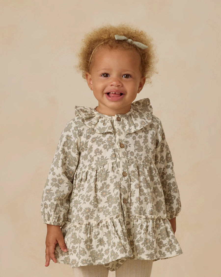 Green Floral Ruffle Collar Button Dress