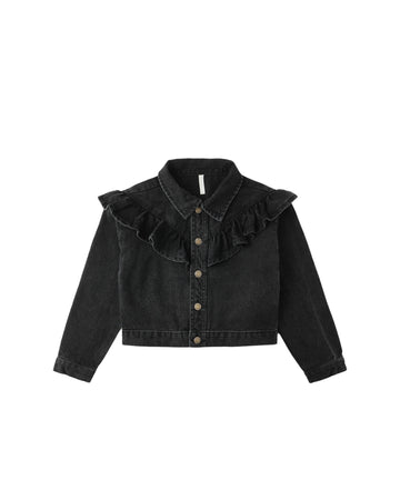 Washed Black Ruffle Denim Jacket