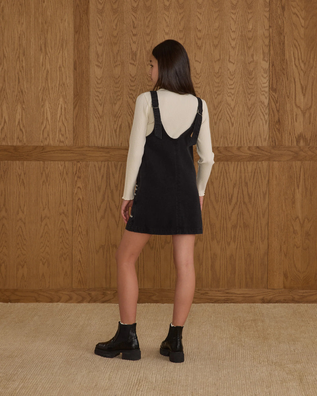Teen Washed Black V-Neck Overall Dress