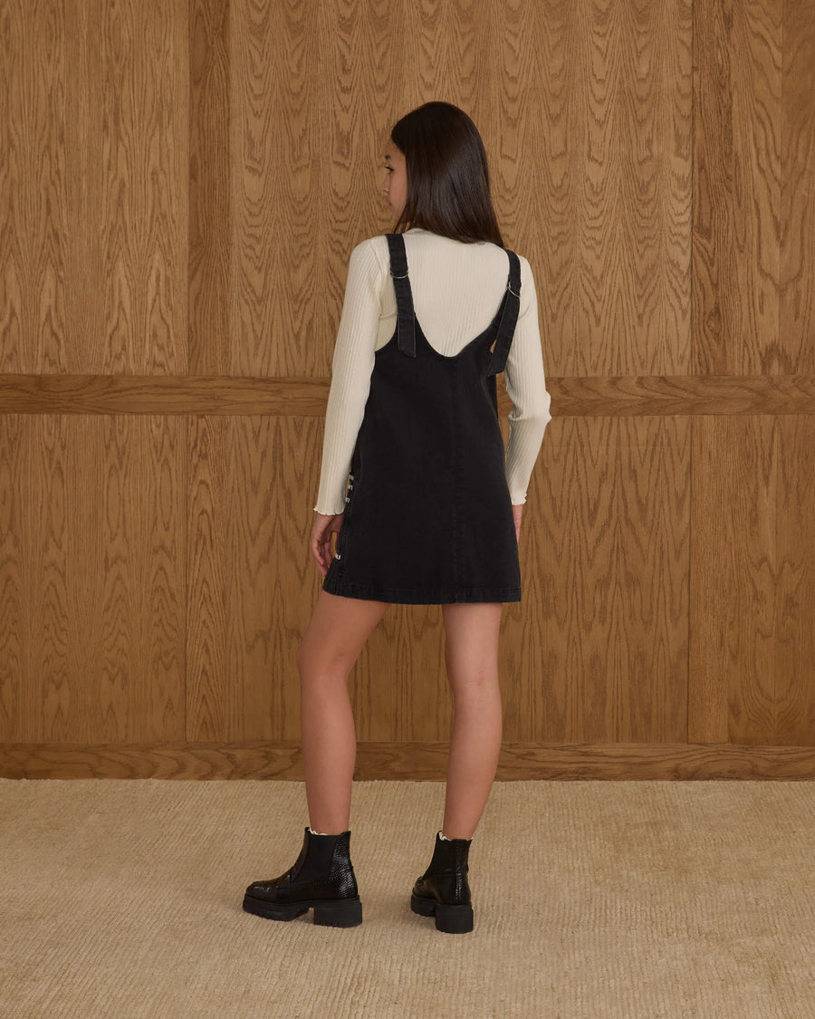 Teen Washed Black V-Neck Overall Dress