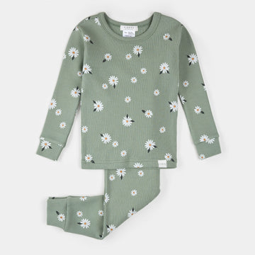 Green Daisy Ribbed Pajama Set