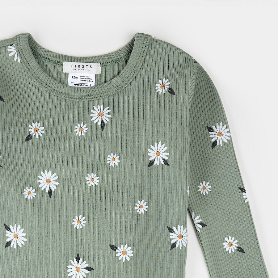 Green Daisy Ribbed Pajama Set