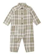 Olive Dobby Plaid Collared Baby Jumpsuit
