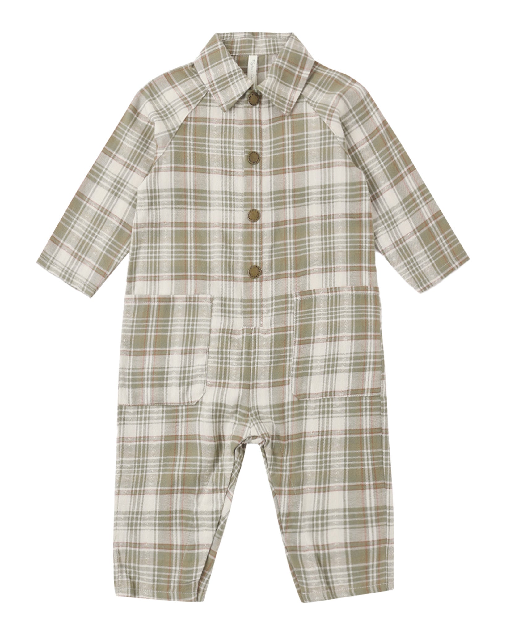 Olive Dobby Plaid Collared Baby Jumpsuit