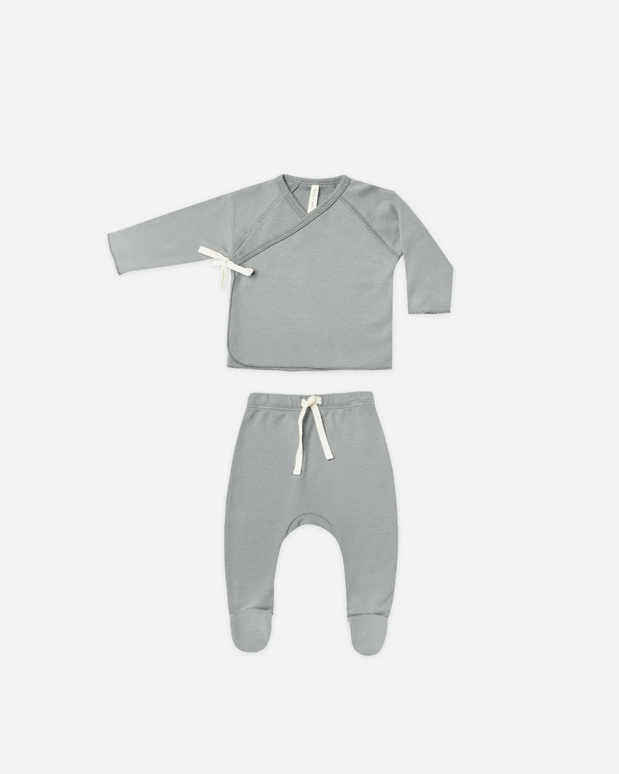 Dusty Blue Wrap Top + Footed Pant Set