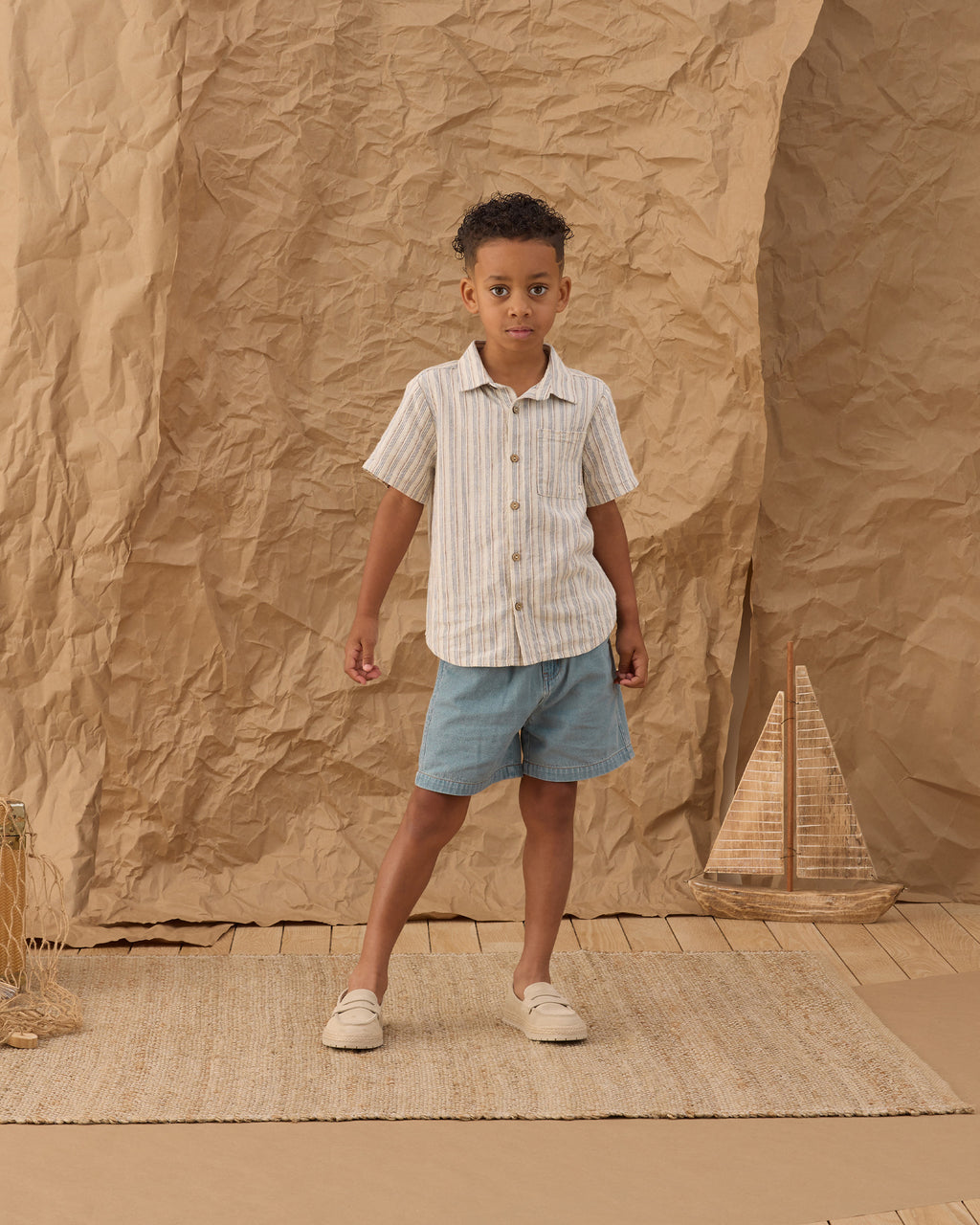 Nautical Stripe Short Sleeve Collared Shirt