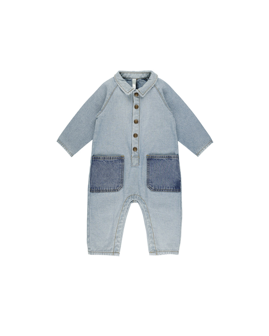 Light Washed Denim Collared Baby Jumpsuit