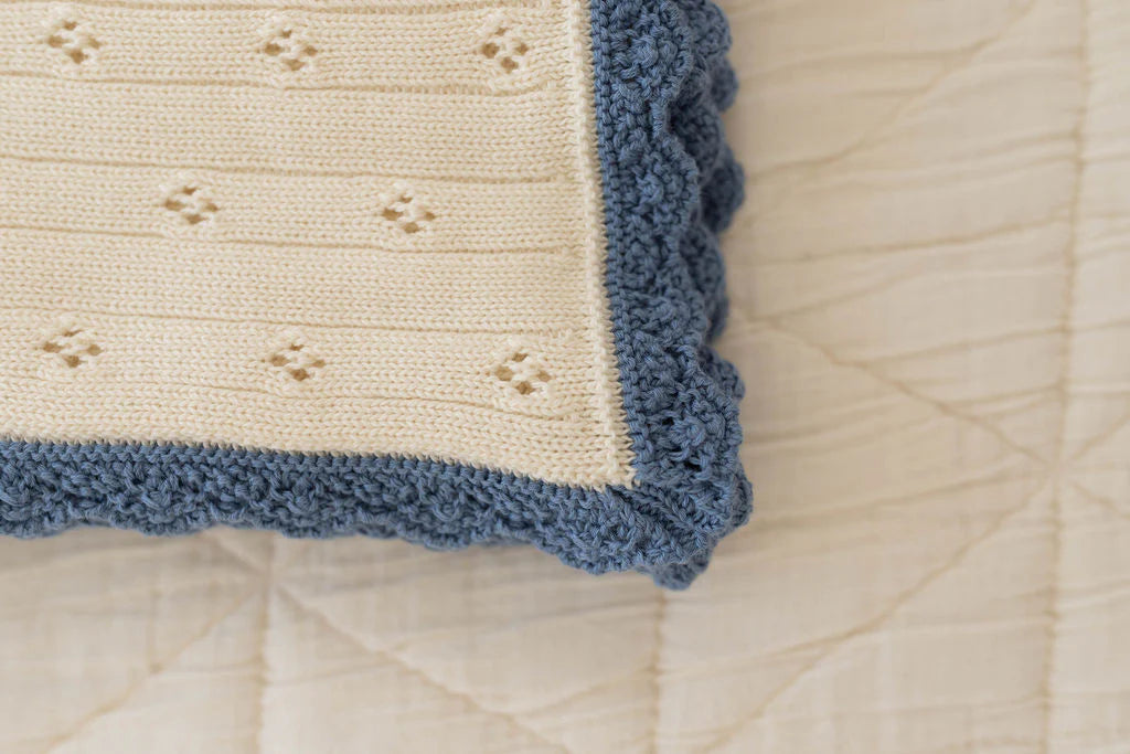 Knit Pointelle Baby Blanket - Milk & Blue Jay