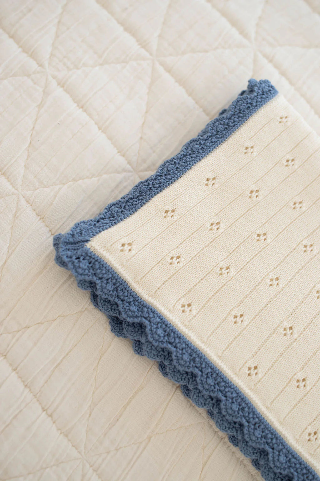 Knit Pointelle Baby Blanket - Milk & Blue Jay