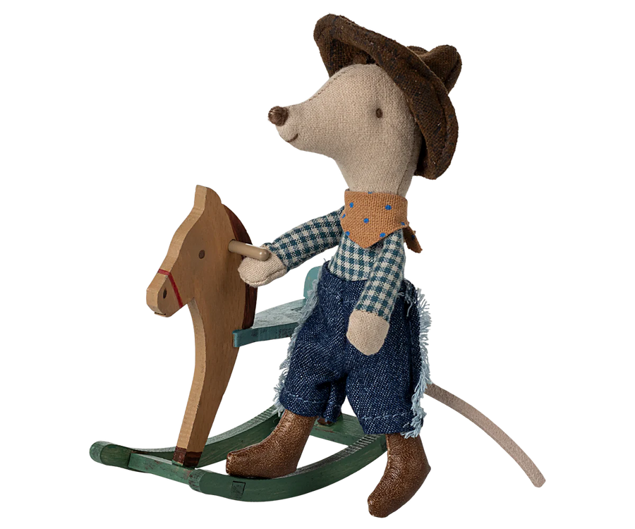 Little Brother Cowboy Mouse on Rocking Horse