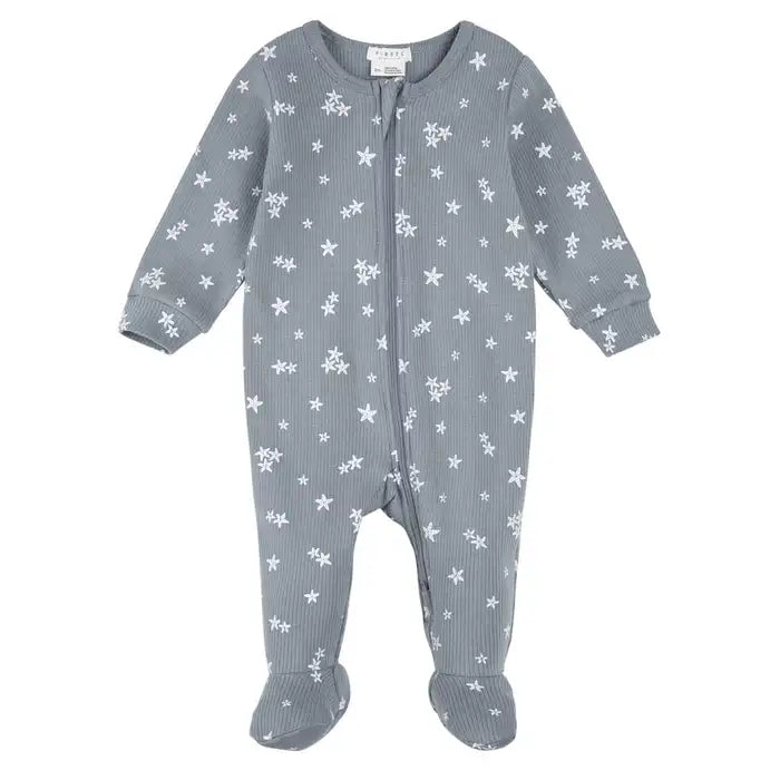 Dusty Blue Starfish Ribbed Zipper Footie