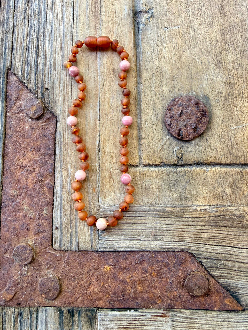 Raw Cognac Baltic Amber + Pink Rhodonite Halo Necklace