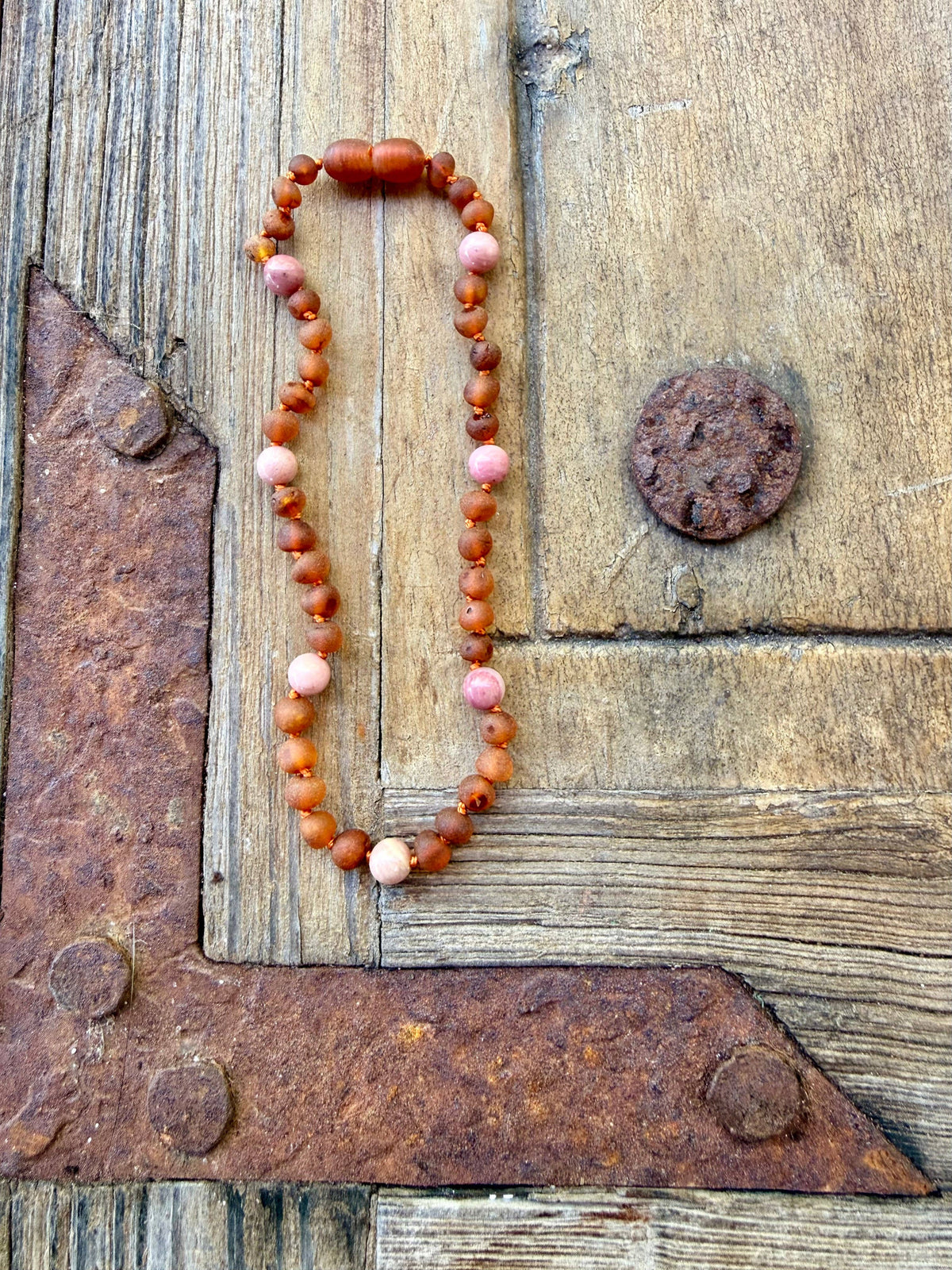 Raw Cognac Baltic Amber + Pink Rhodonite Halo Necklace