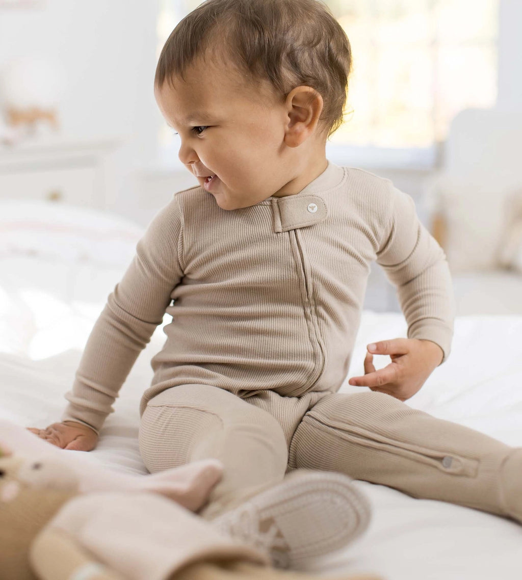 Organic Ribbed Zip Pajamas - Hummus