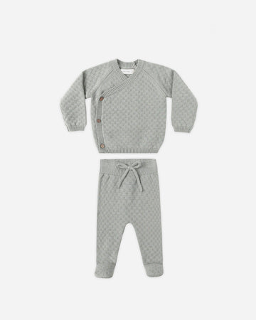 Steel Blue Knit Wrap Top + Pant Set