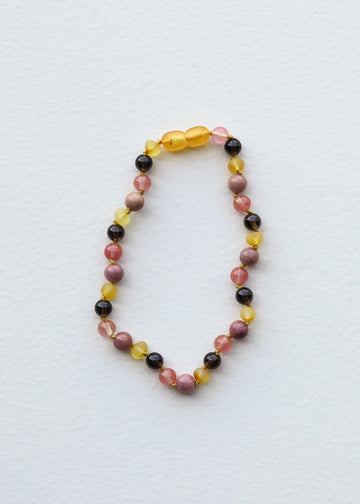 Raw Honey Amber + Smokey Quartz + Rhodonite Necklace