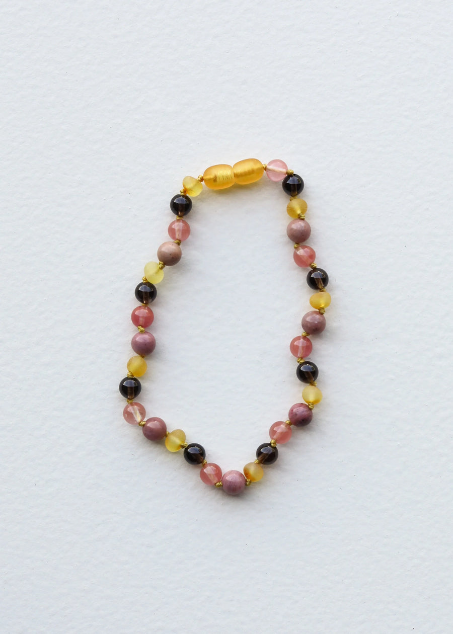 Raw Honey Amber + Smokey Quartz + Rhodonite Necklace
